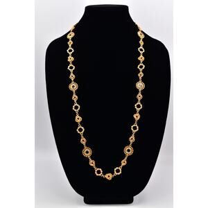 Vintage Station Open Bezel Crystal Necklace Knot Chain Clear Gold 1980s BinM